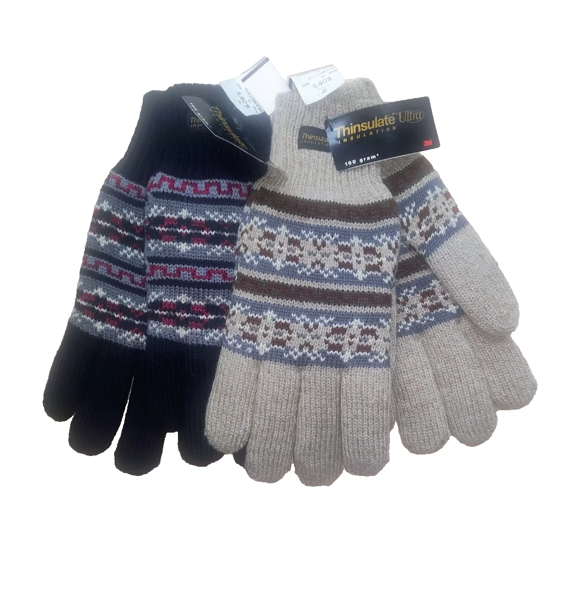 2 Prs Vtg Thinsulate Plus Acrylic Mohair Blend Gloves Brown Black Fair Isle NWT