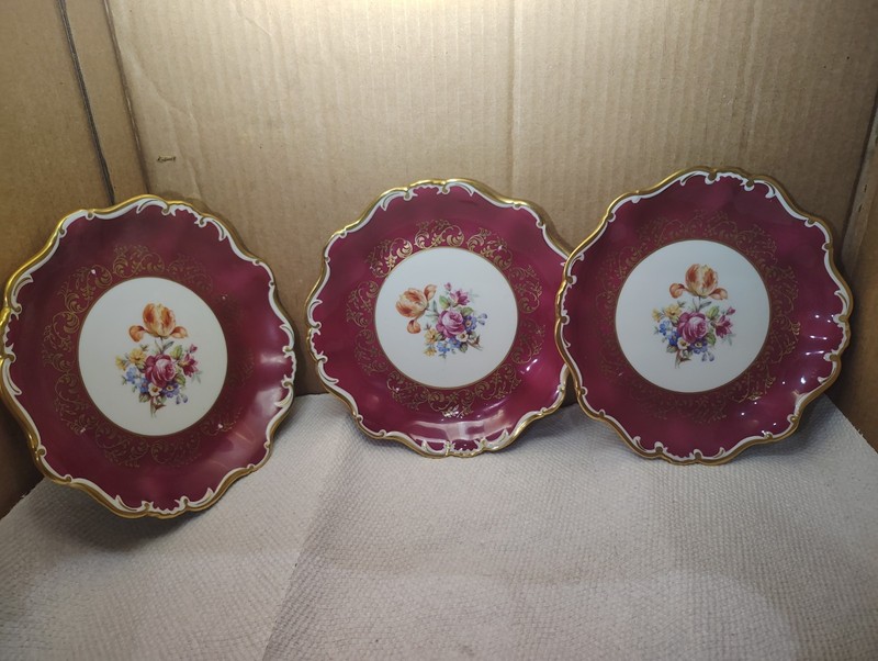 3 Zsolnay Hungary Cranberry Gold Gilt Floral Porcelain Cabinet Plates