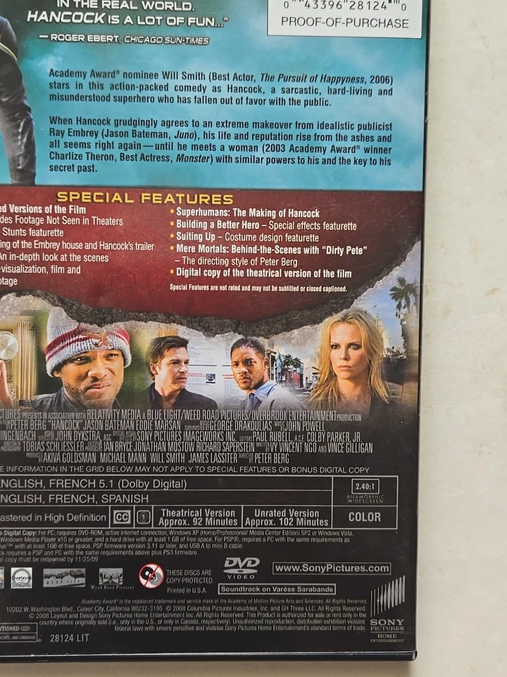 Hancock Movie DVD 2-Disc Special Edition Unrated Will Smith Charlize Theron Foto 4 de 4