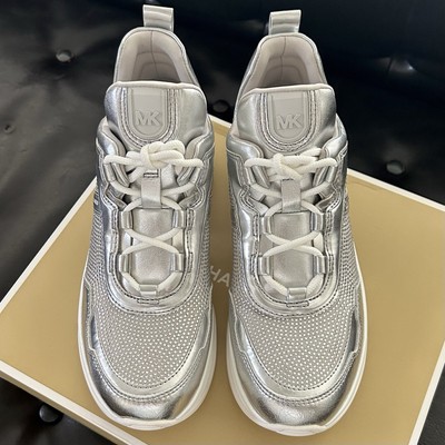 MICHAEL KORS OLYMPIA CRYSTAL EMBELLISHED TRAINER SNEAKERS, SILVER