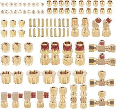 100Pcs Brass DOT Air Brake Line Fittings Kit, 1/4'' 3/8'' 1/2'' Compression Air Nyl