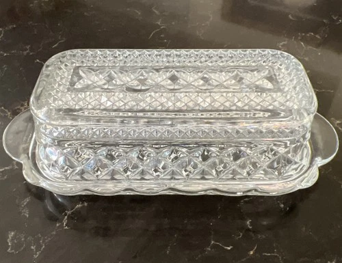Vintage Clear Glass Anchor Hocking Wexford Diamond Pattern Butter Dish w/Lid