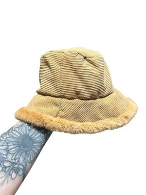 Tan Corduroy Faux Fur Lined Bucket Hat Cozy Y2K Winter Soft Girl Aesthetic 