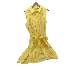 Isaac Mizrahi Live Yellow Eyelet Sleeveless Shirt Dress Belted Size 12 Cotton