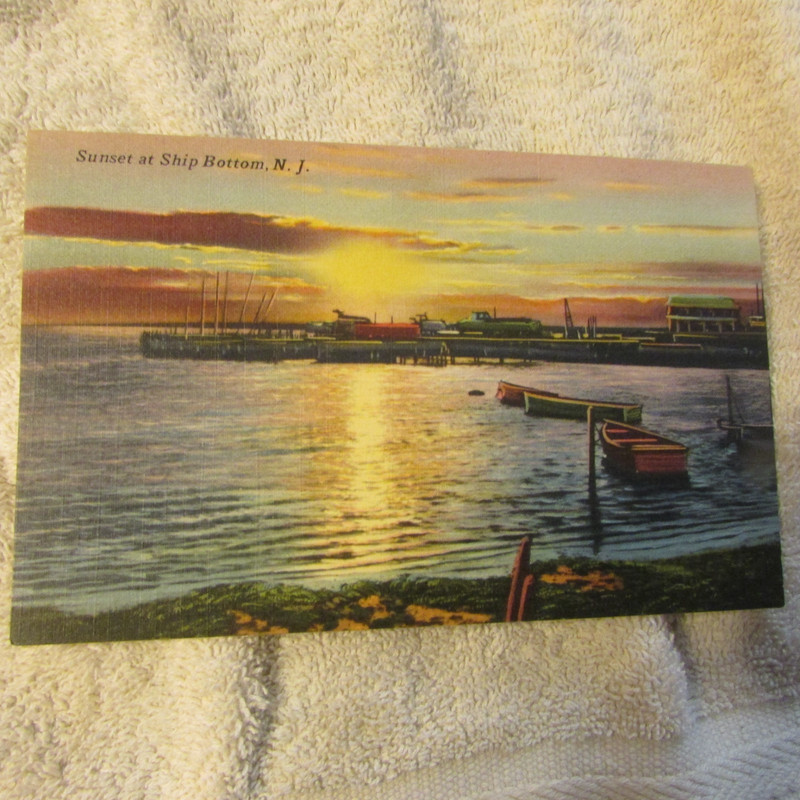 Linen Postcard Sunset at Ship Bottom N.J. Help the Animals