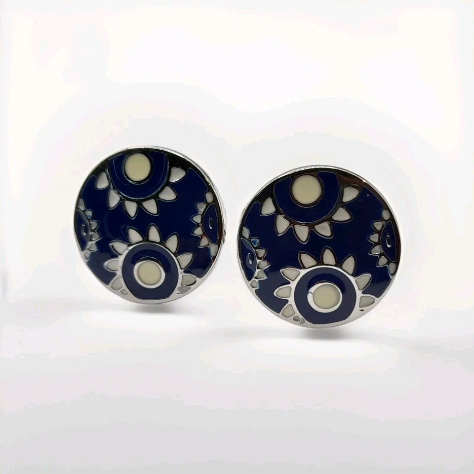 Par de Gemelos Esmaltados Plateados - Impresionante Diseño Esmaltado Azul Foto 2 de 3