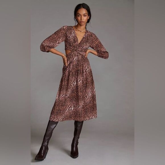 𝅺ANTHROPOLOGIE Ranna Gill Floral Cut-Out Midi Dress animal print cutout size XS