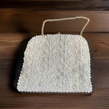 Vintage Beaded Sequin Ivory Evening Handbag With Mirror