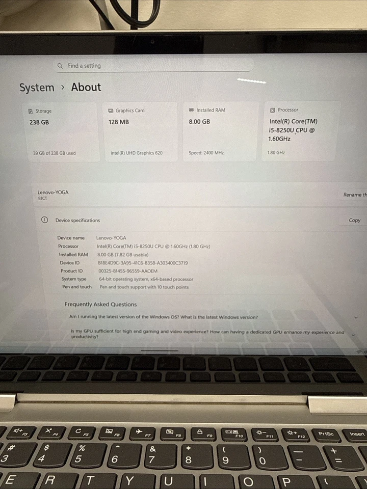 Lenovo Yoga Ideapad|730-13IKB|Intel Core i5-8250U|1.6GHz|8GB|256GB NVMe|Win11Pro - Image 3 of 4