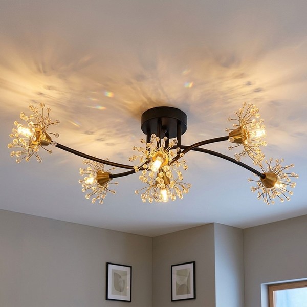 LED Deckenlampe 6-Flammig Kristalle Wohnzimmerleuchte Schwarz Gold L 74 Cm-image