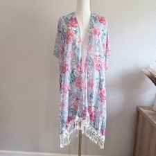 Floral Boho Kimono Wrap Cardigan Lightweight Blue/Pink Tassel Fringe One Size