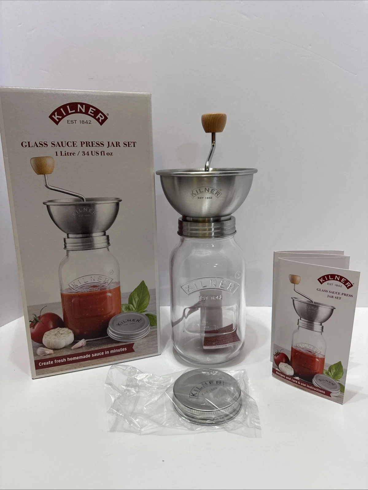 Kilner Stainless Steel Sauce Press Jar Glass Set Preserve Storage Jar 1L