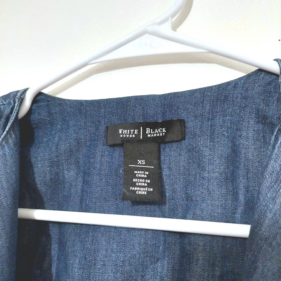 WHBM Sleeveless Blue Denim Duster Vest Trench Belted XS Jacket Layer Throw Cute - Image 2 of 4