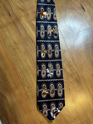 Vtg Looney Tunes Men's Novelty Tie Taz Wile E Bugs Duffy & Elmer Blue Paisley