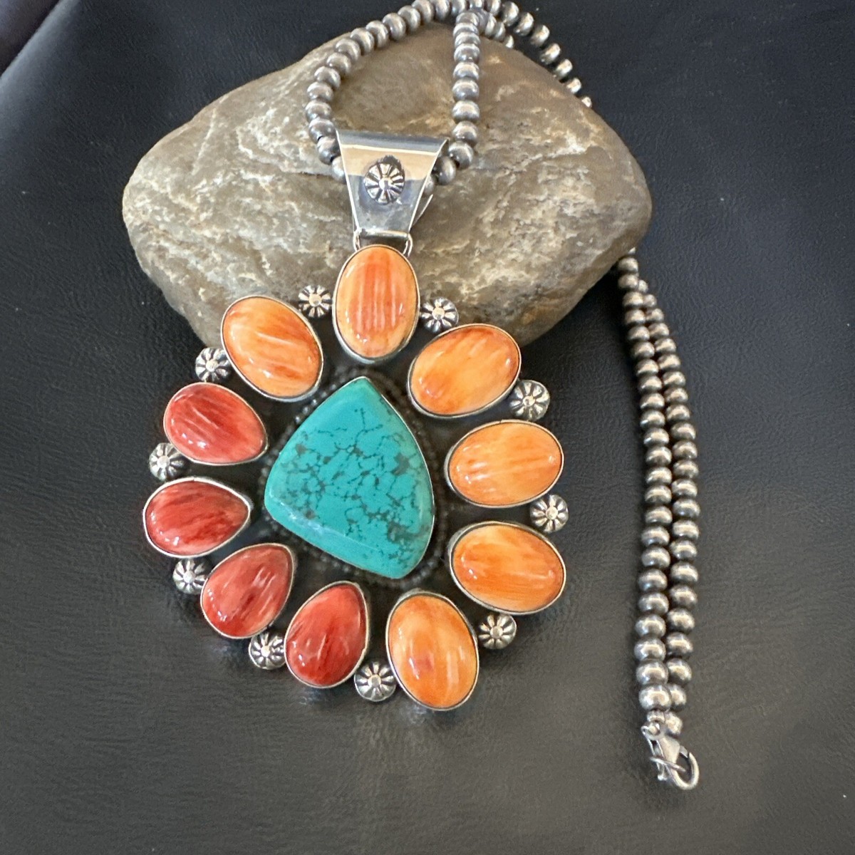 XL Turquoise Orange Spiny Cluster Pendant Navajo Sterling Silver