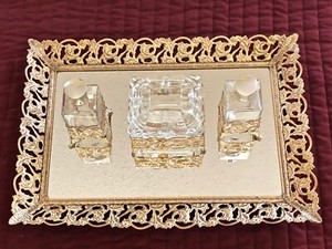 Vintage Vanity Set Metal Footed Frame Mirror Tray 2 Perfumes Powder/Trinket Box!