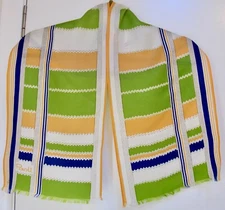 Paoli Logo Scarf Apricot Green Blue Stripe 10x44 100% Acetate Japan 2 Raw Edges 