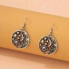 Sun Moon Star Design Hollow Round Dangle Earrings Retro Elegant Style Alloy