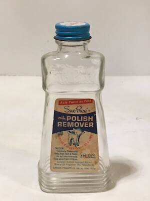 Vtg Sue Pree Oily Polish Remover Empty Bottle 3 Oz Lamp Nails