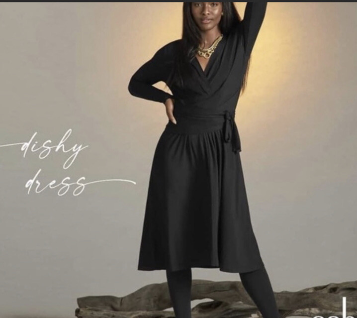 Cabi size M black long sleeve knee length Dishy dress faux wrap look jersey knit Cabi size M black long sleeve knee length Dishy dress faux wrap look jersey knit