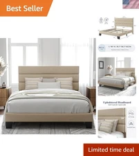Beige Full Size Platform Bed Frame with Upholstered Headboard, Easy Assembly