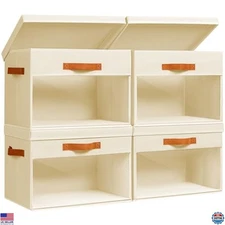 Large Storage Bins with Lids - 4 Pack Foldable Decorative Organizers with Clear