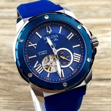 Bulova Marine Star 98A303 Automatic Men's Watch 45MM Blue Dial Blue Rubber Strap