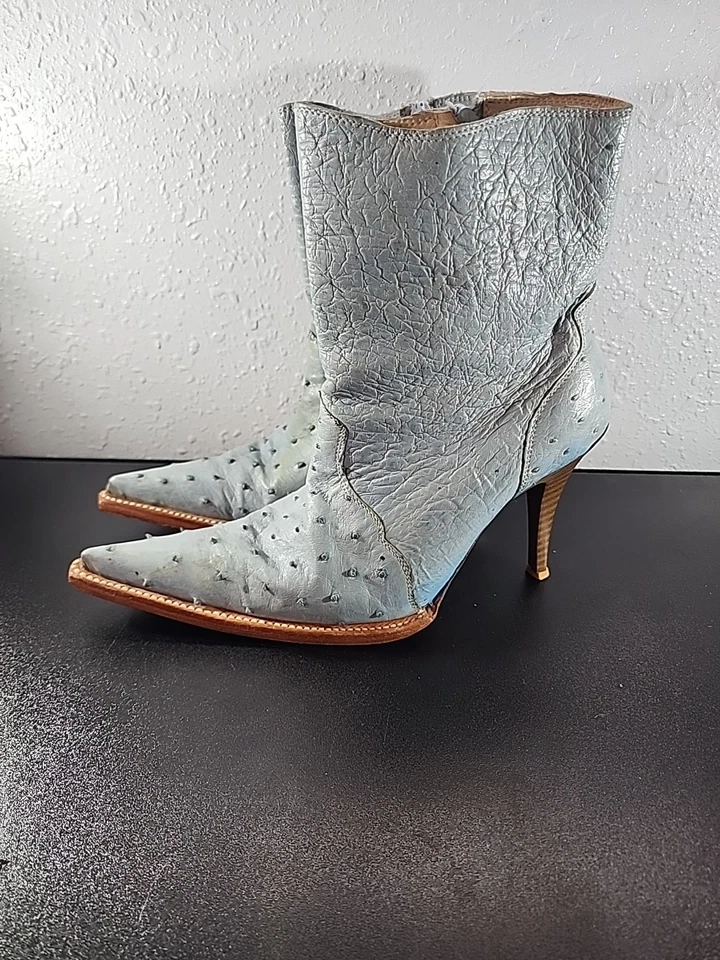 Botines de aguja punta puntiaguda de cuero de avestruz pluma completa azul para mujer talla 5,5 Foto 3 de 4