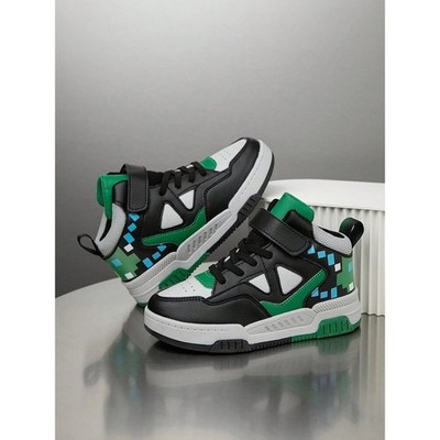 Kids Pixel Gamer High Top Sneakers Black Green Blue Hook and Loop Strap Shoes