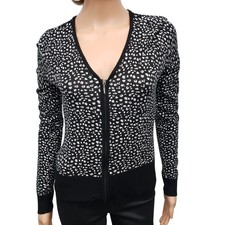White House Black Market WHBM Animal Print Zip up Cardigan Sweater S Black White