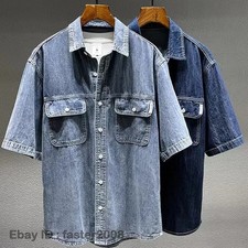 New Mens Denim Short-sleeved Shirt Retro Large Size Loose Casual Denim Tops