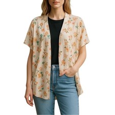 Umgee Floral Kimono Womens S M Peach Pink Open Front Boho Wing Sleeve Cardigan