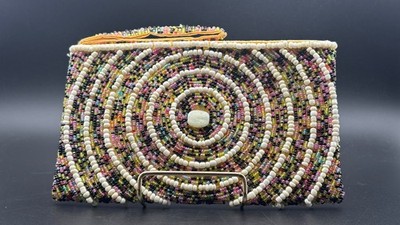 Vintage Micro Beaded Wristlet Clutch Hand Beaded Circular Pattern Groovy PARTY
