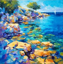 Tableau HUILE 50x50 NOLAC - Côte Rocheuse Eau Turquoise - ORIGINAL Couteau Carré