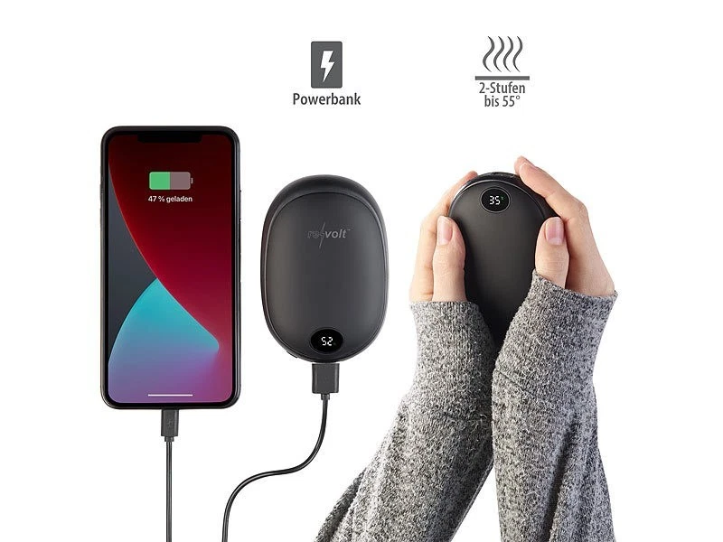 revolt 2in1-USB-Powerbank & 3-Stufen-Handwärmer, 2 A, 10.000 mAh, Display - Bild 3 von 4