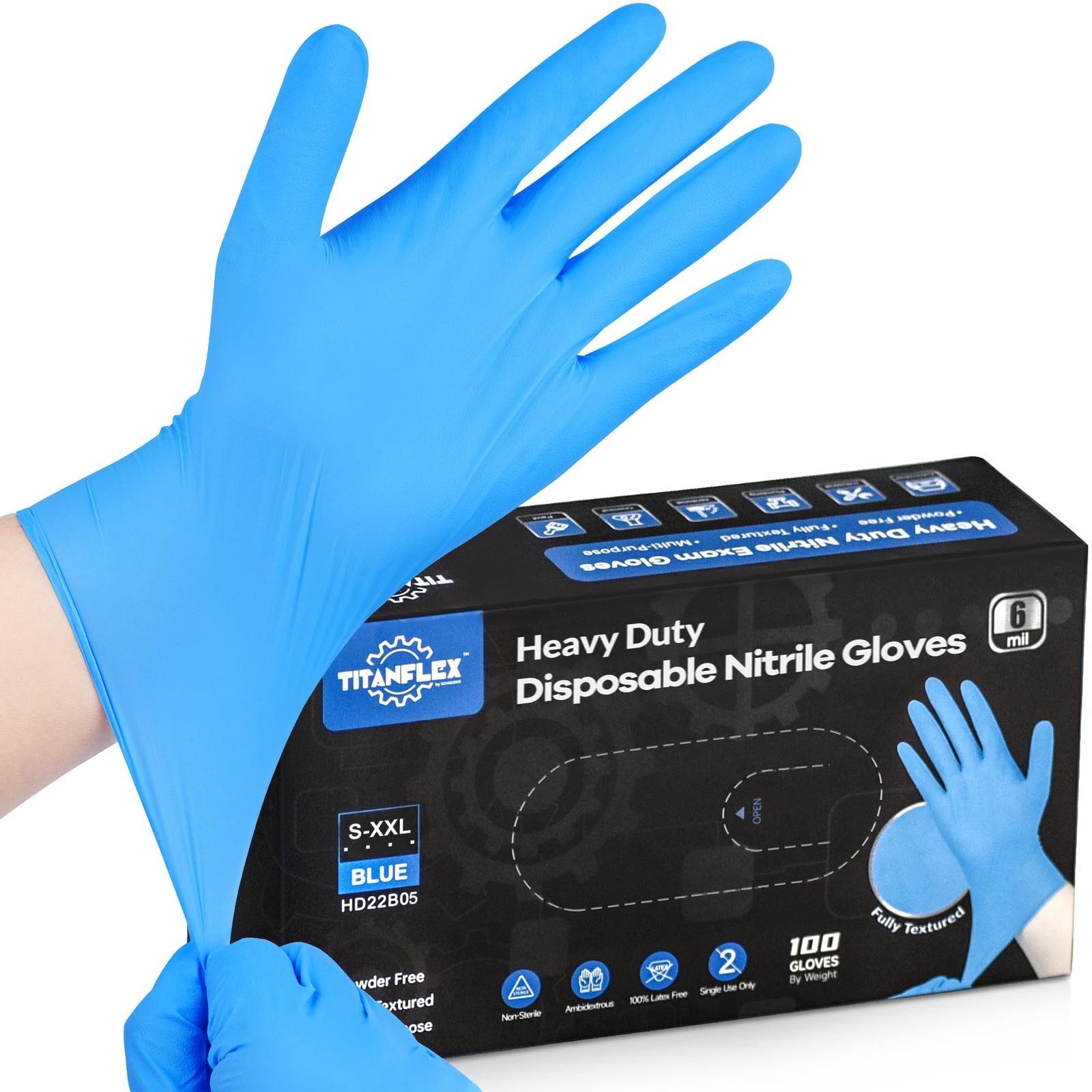 Heavy-Duty Blue Disposable Nitrile Gloves, Medium, Box of 100, 6-mil, Fully T...