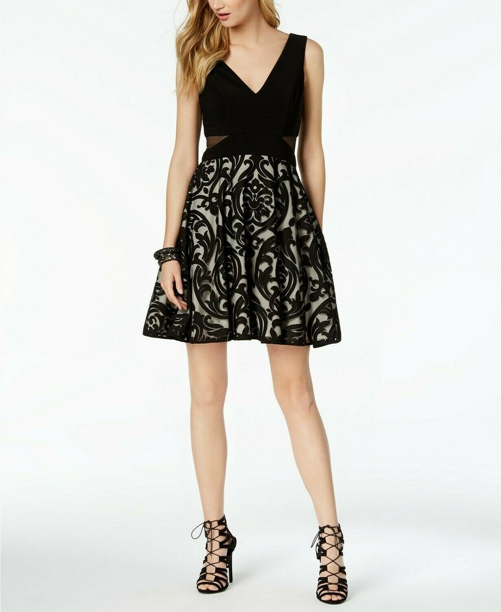 Xscape Womens Black Mesh Sleeveless V-Neck Illusion Fit Flare