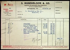 S. Rosenbloom & Company Liquor Invoice 2/16/1914 Pittsburgh PA Vermouth