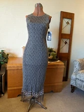 UP FRONT prom formal fringe sleeveless dress metallic silver grey pewter NWT M 