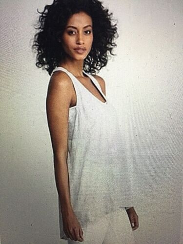 EILEEN FISHER Gray & White Linen Jersey Striped Racerback TANK Tunic L NWT $148