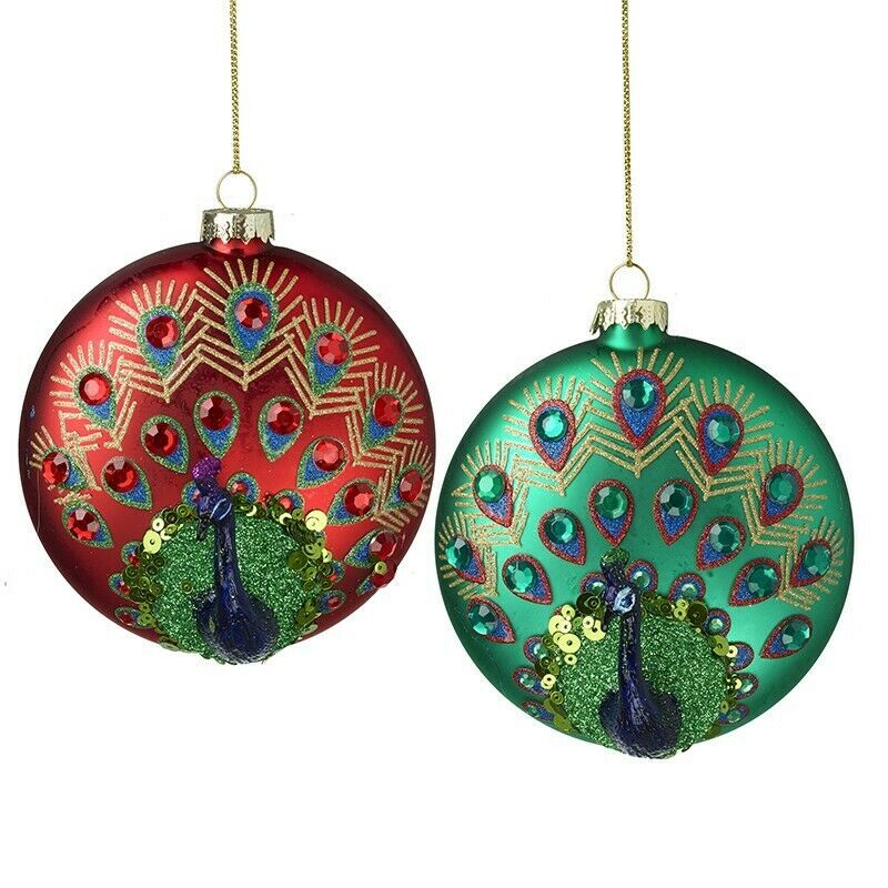 Heaven Sends Set of 2 Glass Peacock Baubles - Colourful Christmas Decorations