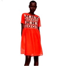 Zara Baby Doll Mini Dress Women Small Orange Embroidered Mesh Keyhole