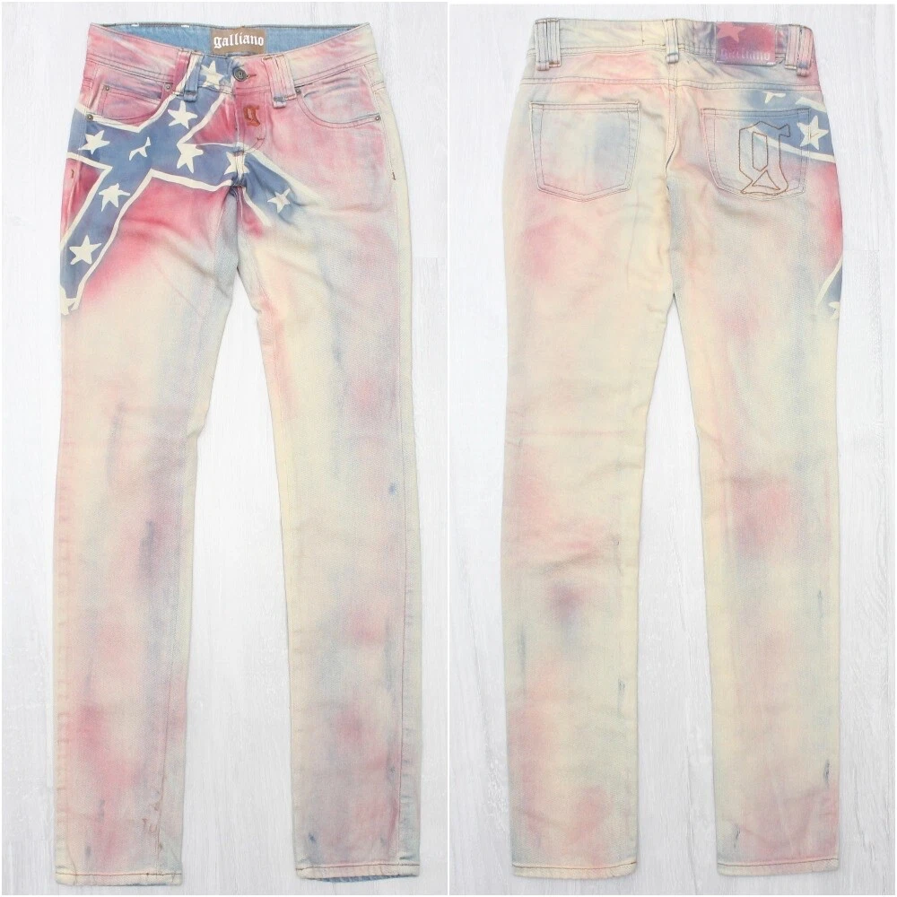 Women's JOHN GALLIANO Denim Multicolor Flag Acid Wash Slim Jeans Sz 24 38  XS-XXS