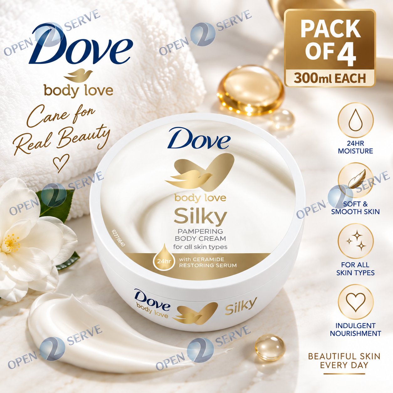 4 Pack - Dove Body Love Silky Body Cream Moisturiser Soft Smooth Skin 300ml
