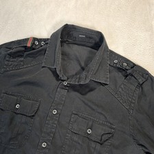 Gucci Button Up Shirt Mens 44 17.5 Black Military Epaulet Web Stripe Italy