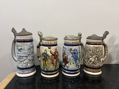 Set Of 4 Avon Beer Mug Steins - Baseball, Football, Aviation, Wild West