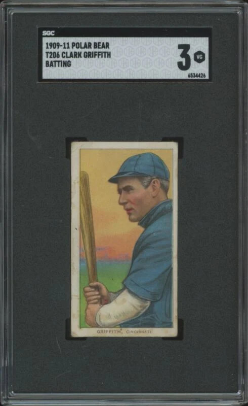 1909 T206 CLARK GRIFFITH NNO VG HOF BATTING POLAR BEAR SGC 3 CINCINNATI REDS