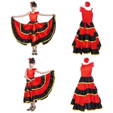 Kids Girls Costume Spanish Gown Wide Hem Dress Dance Red Black Tiered Ruffles