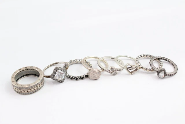 13 Pandora Sterling Silver Rings Floral Chunky Stone Set x 8 (20g)