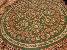 VTG  MCM, Boho Round Tablecloth or Throw, Green & Orange w/Fringe, Wool Blend?